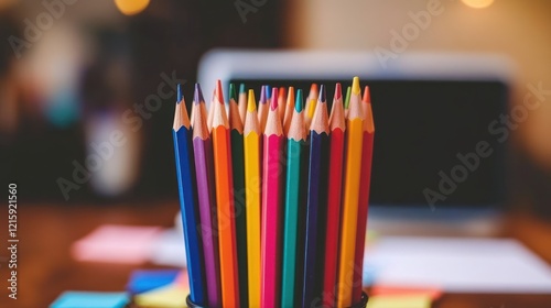 Obraz na płótnie Colorful pencils in a holder on a desk. w salonie