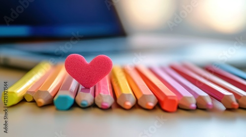 Obraz na płótnie Pink heart on colorful pencils near laptop. w salonie