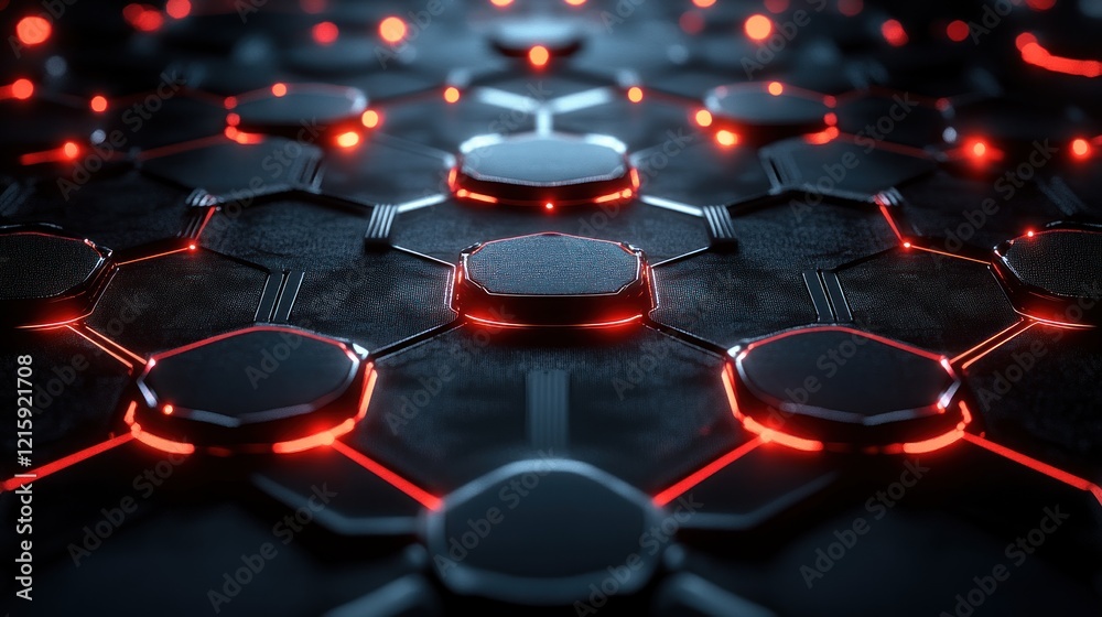 Obraz premium Abstract hexagonal grid with red glowing nodes.