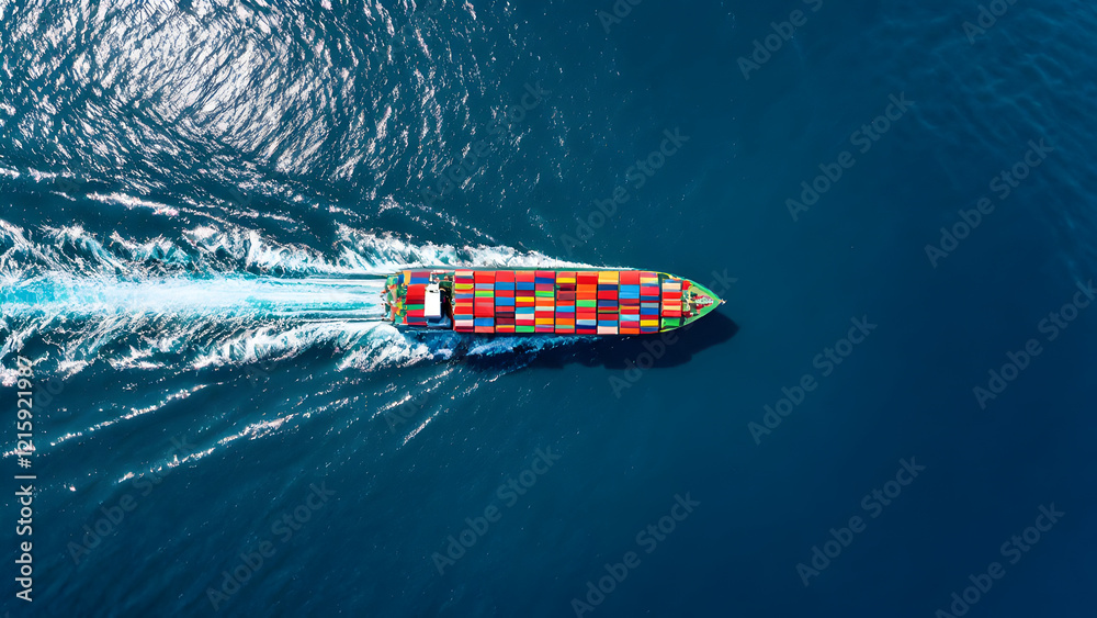 Naklejka premium top view of Cargo container ship carrying container and running out international container port customs shipyard sea port concept smart logistic service.