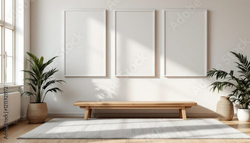 a wooden bench, two potted plants, and three blank white picture frames on the wall. Cozy modern living room with photo frame design