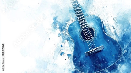 Blue Acoustic Guitar Watercolor Painting Abstract Art