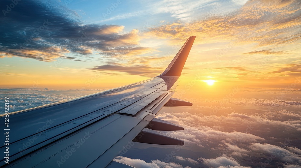 A peaceful sunset captured from an airplane window, with golden light breaking through scattered clouds over a soft gradient sky. A peaceful sunset captured from an airplane window, with golden light breaking through scattered clouds over a soft gradient sky.