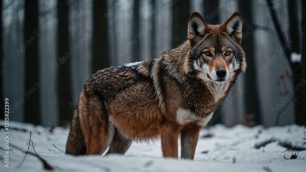 Fototapeta premium Wolf standing in the snowy forest during winter with a calm expression
