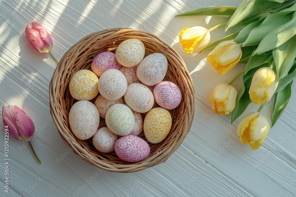 Easter eggs in a wicker basket with tulips on a wooden background Easter eggs in a wicker basket with tulips on a wooden background