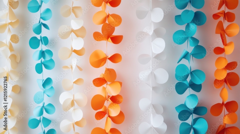 Colorful paper garlands hanging against a white wall.