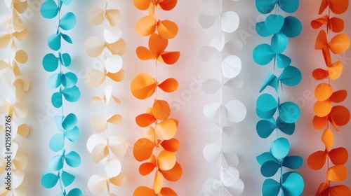 Obraz na płótnie Colorful paper garlands hanging against a white wall. w salonie