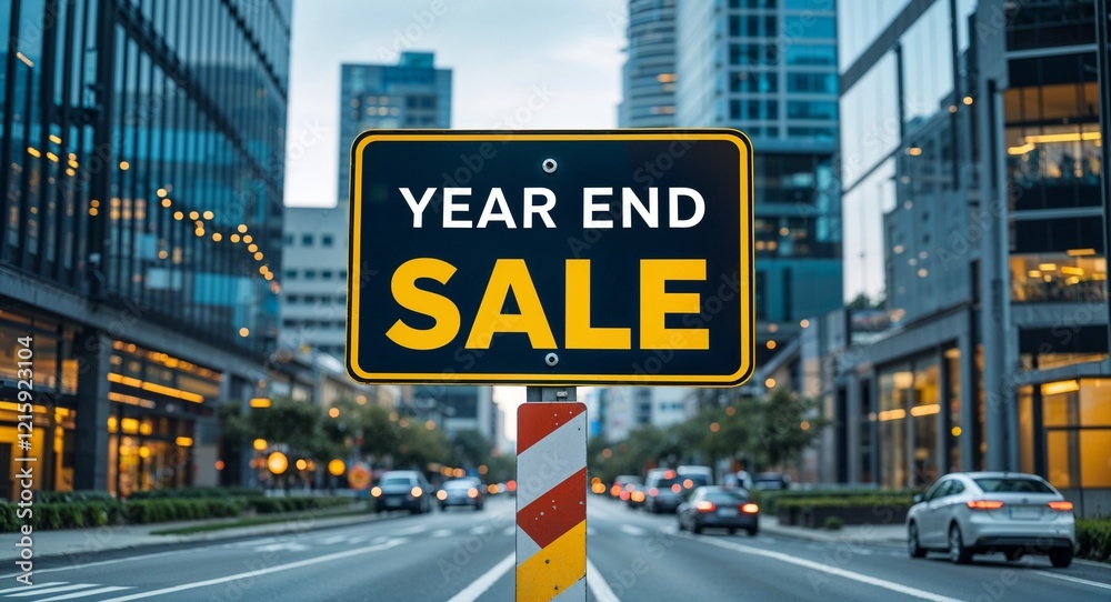 year end sale text on road sign in middle of modern business city background year end sale text on road sign in middle of modern business city background
