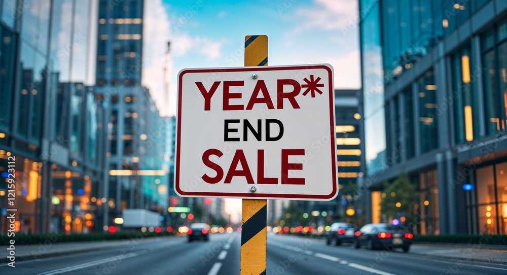 Obraz premium year end sale text on road sign in middle of modern business city background