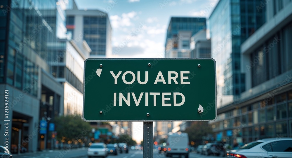 you are invited text on road sign in middle of modern business city background you are invited text on road sign in middle of modern business city background