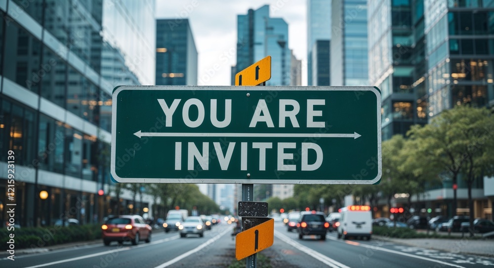 Obraz premium you are invited text on road sign in middle of modern business city background