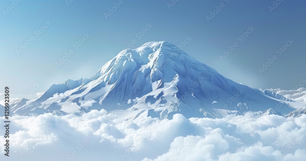 A majestic snow-capped mountain rises above soft, fluffy clouds under a clear blue sky. A majestic snow-capped mountain rises above soft, fluffy clouds under a clear blue sky.