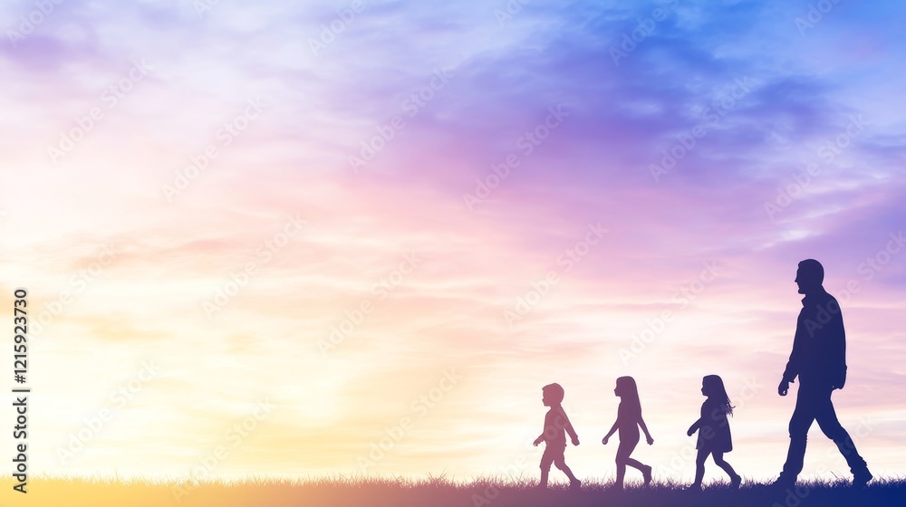 Fototapeta premium Silhouetted Family Walking at Sunset, Peaceful Evening Stroll