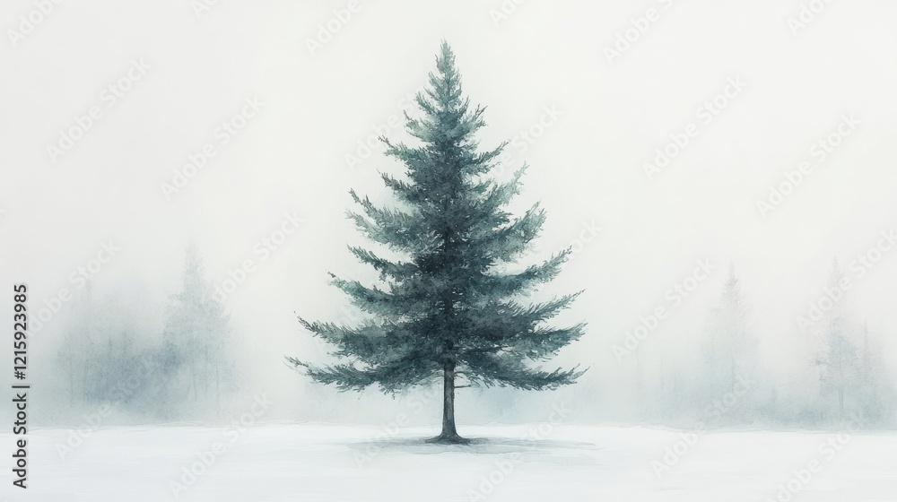Serene Pine Tree Standing Alone in a Misty Winter Landscape Serene Pine Tree Standing Alone in a Misty Winter Landscape