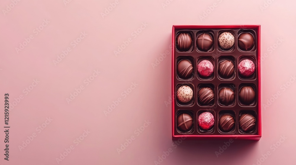 A romantic red chocolate box filled with gourmet pralines, shot top-down on a light pink background with plenty of space for Valentine's greetings. A romantic red chocolate box filled with gourmet pralines, shot top-down on a light pink background with plenty of space for Valentine's greetings.