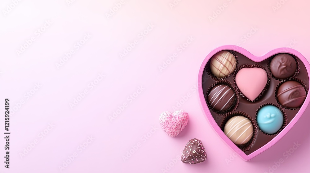 Fototapeta premium A romantic top-down view of a heart-shaped Valentine's Day chocolate box, filled with pralines and styled with a pastel gradient backdrop.
