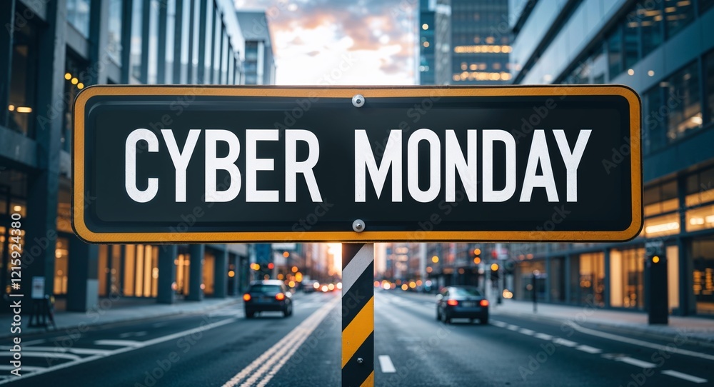 cyber Monday text on road sign in middle of modern business city background cyber Monday text on road sign in middle of modern business city background