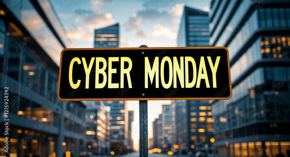 cyber Monday text on road sign in middle of modern business city background