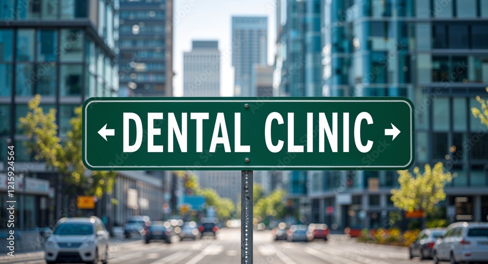 dental clinic text on road sign in middle of modern business city background dental clinic text on road sign in middle of modern business city background