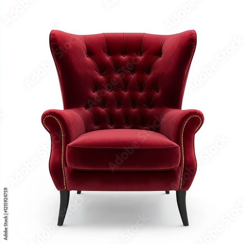 A bright maroon wingback chair with a white background, showcasing the rich color and comfortable seating experience it offers. The focus is on the chair itself photo