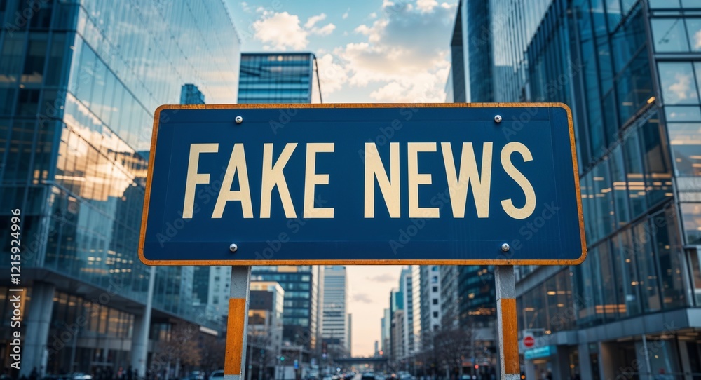 Obraz premium fake news text on road sign in middle of modern business city background