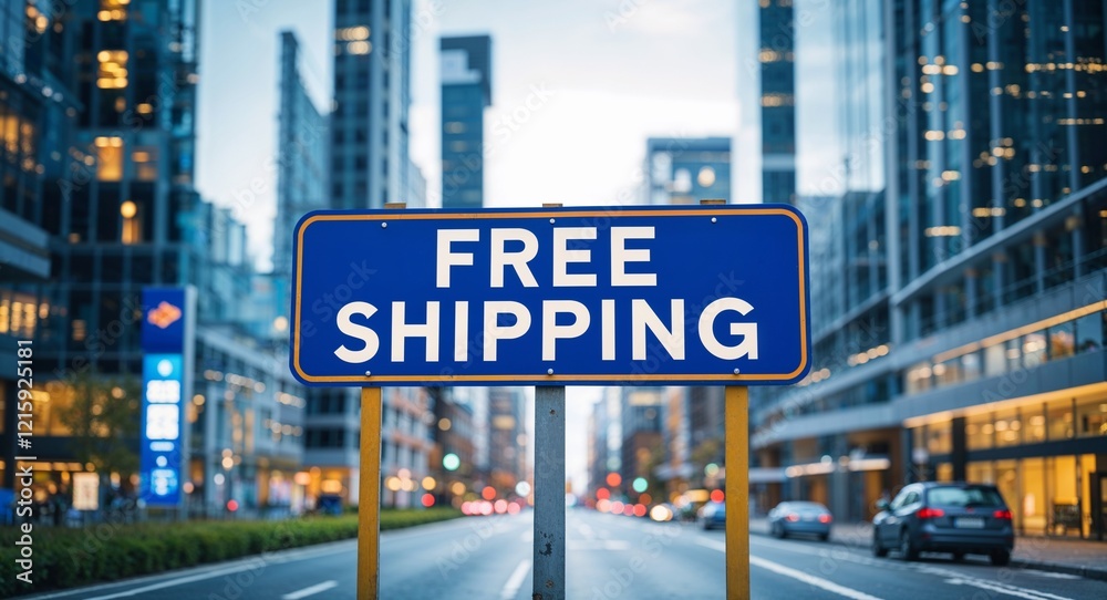 free shipping text on road sign in middle of modern business city background free shipping text on road sign in middle of modern business city background