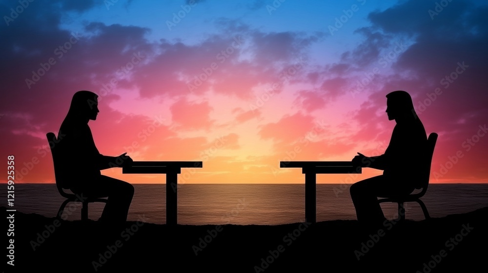 Obraz premium Silhouetted Figures at Sunset Business Negotiation
