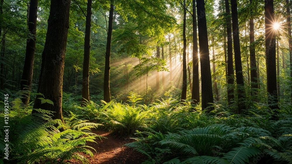Obraz premium Sunlight Rays Shining Through Trees in Green Forest