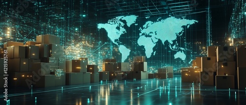 Global Logistics Network Teal Data Streams illuminate packages efficiently arranged across world map. AI Generated