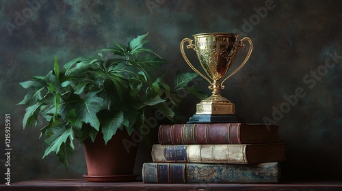 Golden Trophy Rests Gracefully on Antique Books Soft Light Illuminates Still Life. AI Generated photo