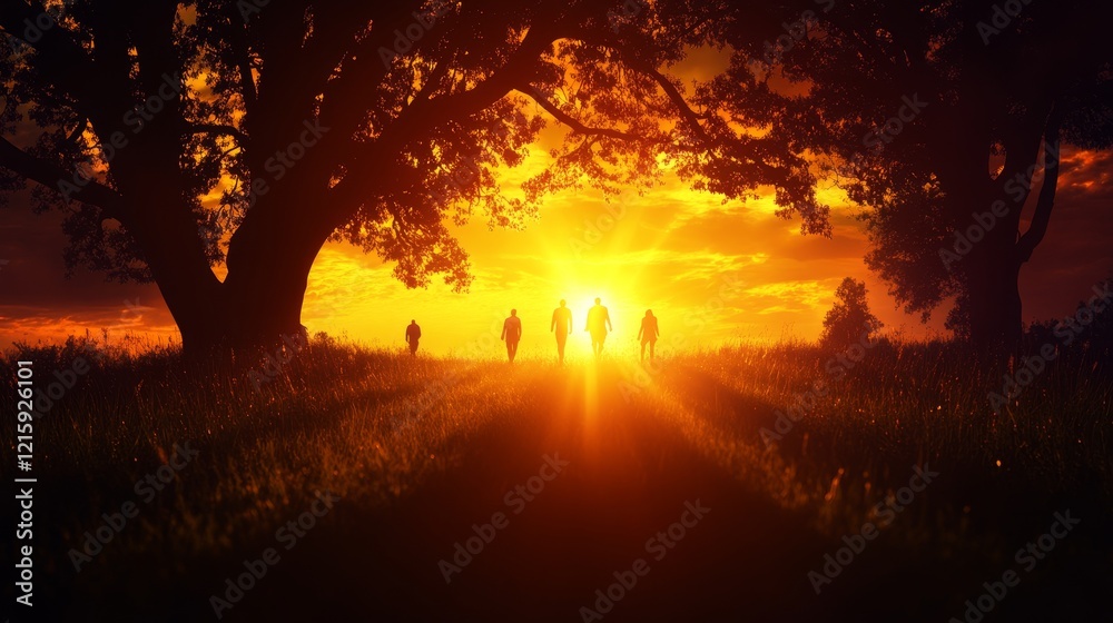Silhouetted Figures Walking Towards Sunset Glow Silhouetted Figures Walking Towards Sunset Glow