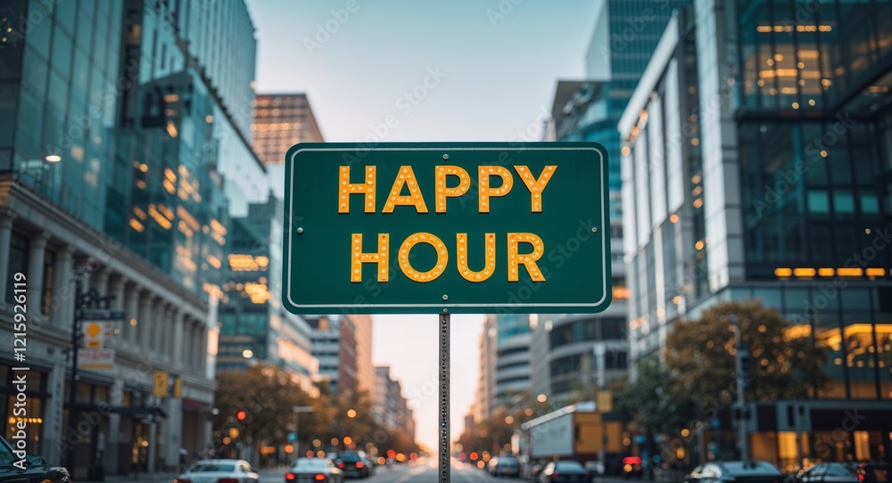 Obraz premium happy hour text on road sign in middle of modern business city background