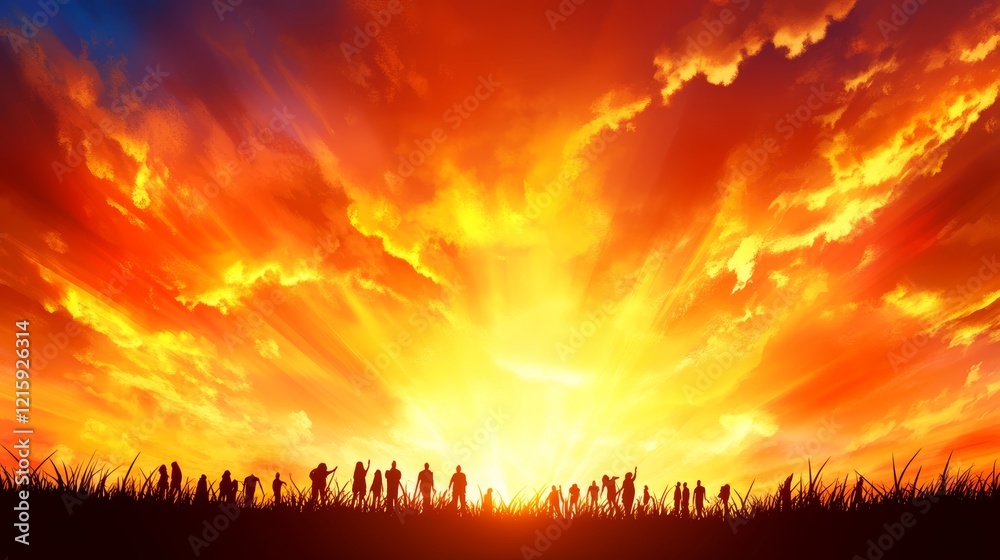 Fototapeta premium Silhouetted Figures Witnessing a Fiery Sunset