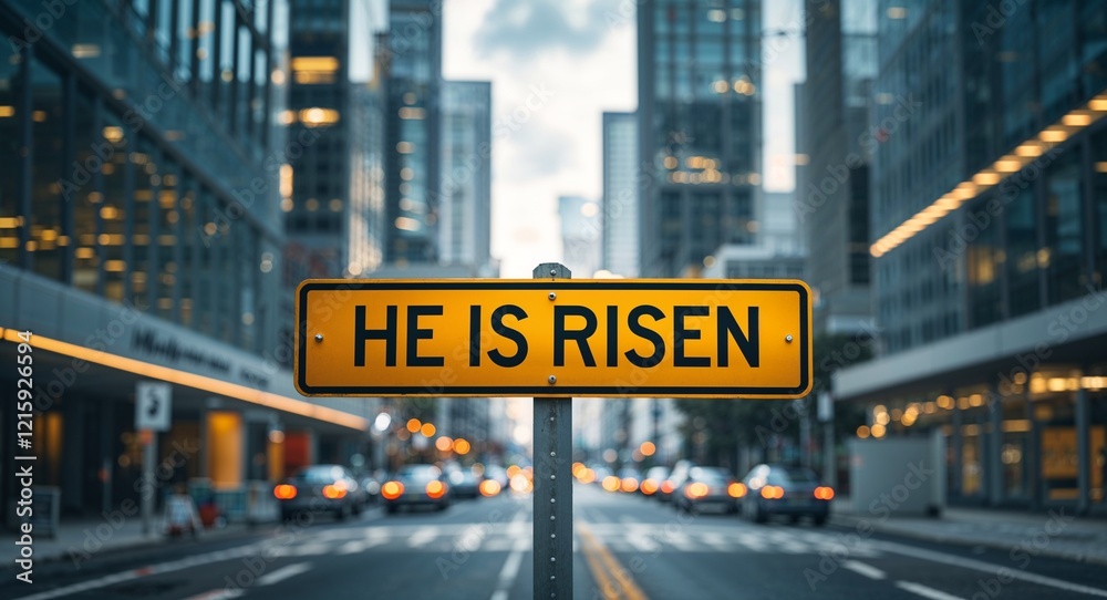 Obraz premium he is risen text on road sign in middle of modern business city background