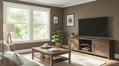 A cozy interior featuring Mocha Mousse walls, light gray tones, and a wooden coffee table.