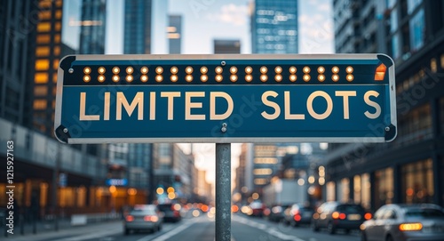limited slots text on road sign in middle of modern business city background