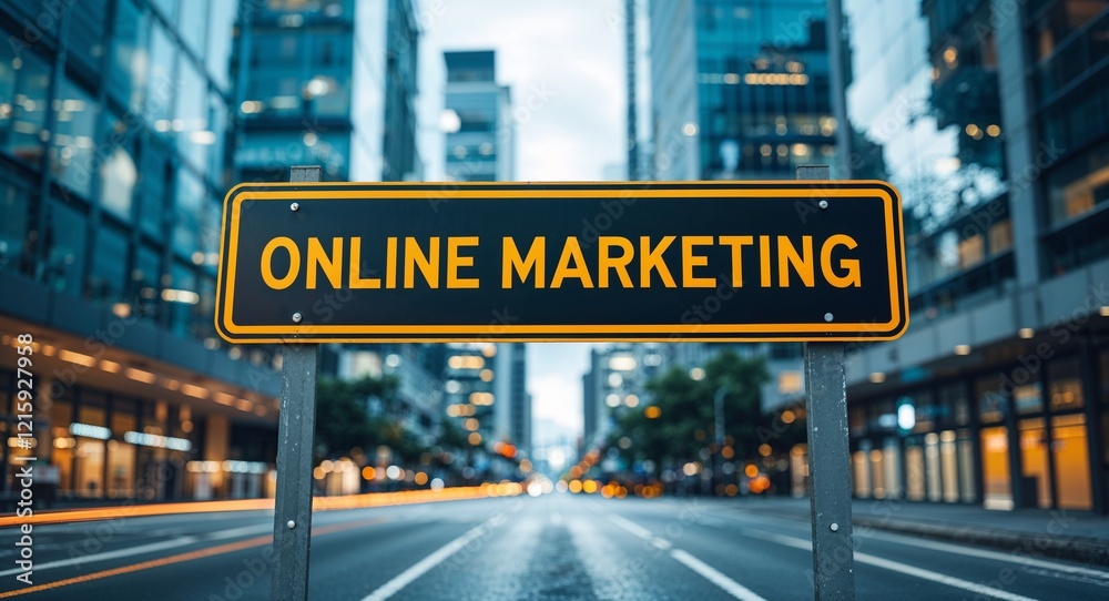 online marketing text on road sign in middle of modern business city background online marketing text on road sign in middle of modern business city background