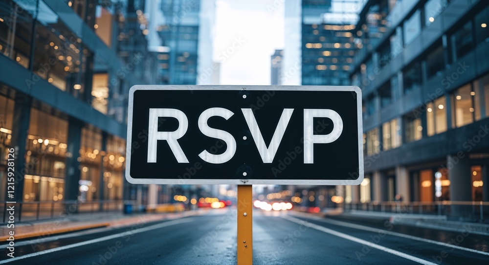 please rsvp text on road sign in middle of modern business city background please rsvp text on road sign in middle of modern business city background