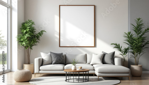 a gray sectional sofa with gray and white throw pillows, a wooden coffee table, and two potted plants. Cozy modern living room with photo frame design
