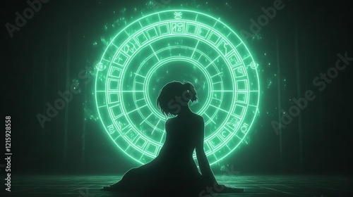 Silhouetted Woman Contemplating Green Mystic Circle