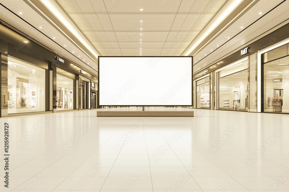 Center of an empty mall with a blank billboard and soft ambient lighting. Center of an empty mall with a blank billboard and soft ambient lighting.