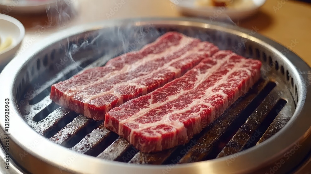Soft focus on tender Hanwoo beef cooking on a Korean grill, with steam and smoke creating an authentic BBQ atmosphere. Soft focus on tender Hanwoo beef cooking on a Korean grill, with steam and smoke creating an authentic BBQ atmosphere.