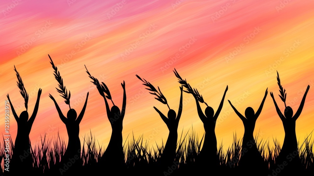 Silhouetted Women Celebrating Harvest Sunset Silhouetted Women Celebrating Harvest Sunset
