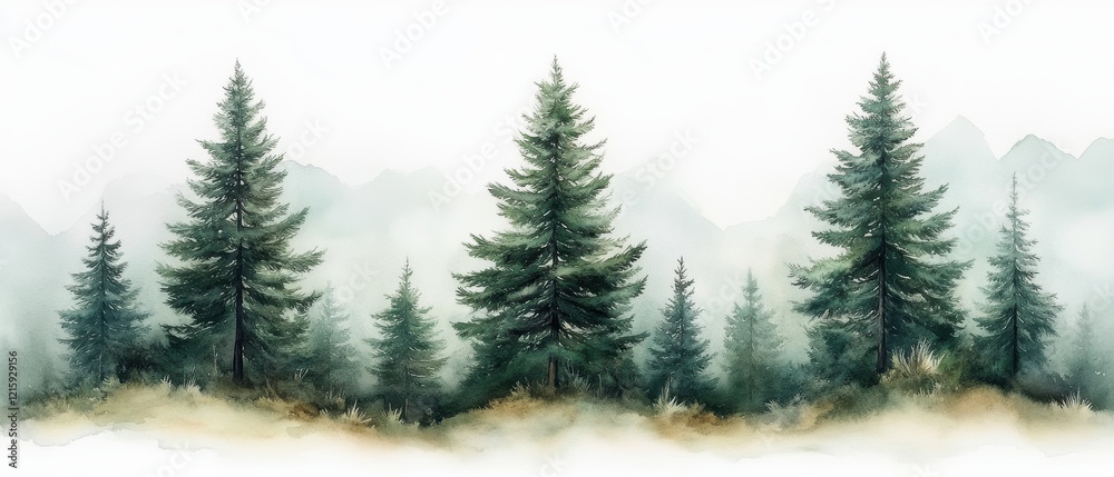 Obraz premium Serene Forest Landscape with Pine Trees and Misty Mountains