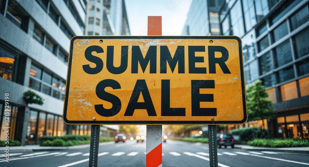 summer sale text on road sign in middle of modern business city background summer sale text on road sign in middle of modern business city background