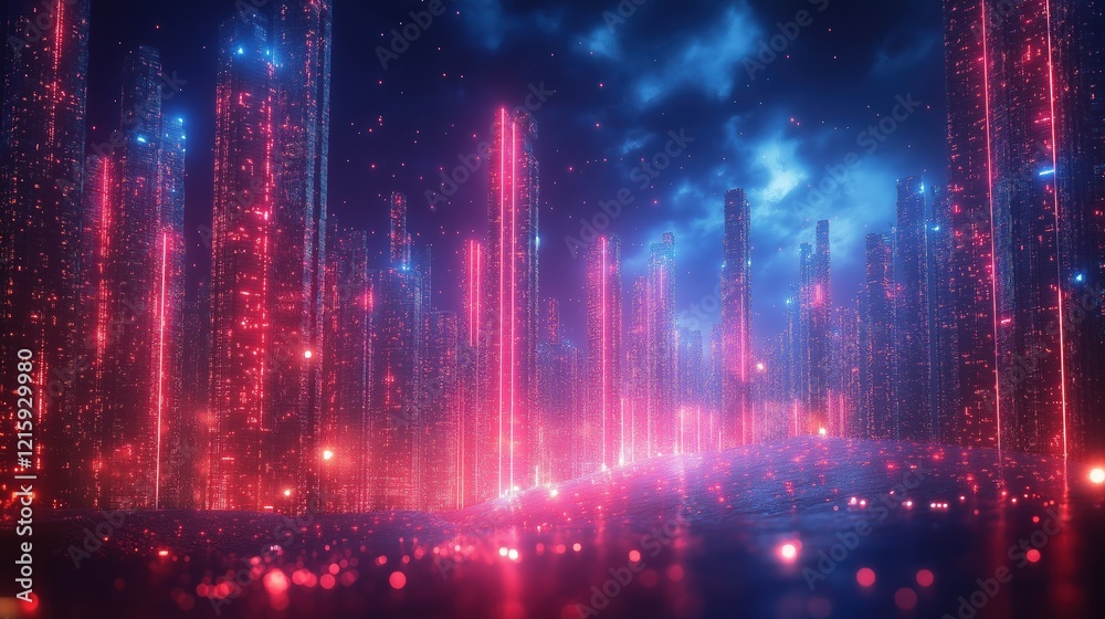 Obraz premium A cityscape with buildings lit up in red and blue lights