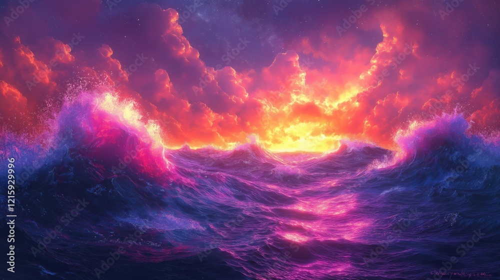 Naklejka premium A colorful ocean with a sunset in the background