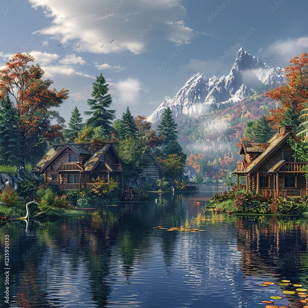 Fototapeta premium Autumnal lake scene with cabins and mountains.