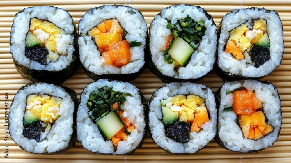Top-down view of traditional Korean Kimbap rolls, filled with rice, pickled radish, and vegetables, arranged on a bamboo mat. Top-down view of traditional Korean Kimbap rolls, filled with rice, pickled radish, and vegetables, arranged on a bamboo mat.