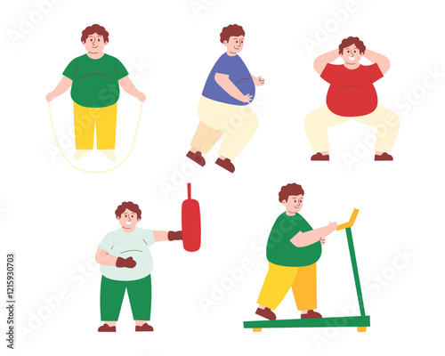 Obese Man doing Exercise, Boxing, Jumping Rope, Run on Treadmill, Squat